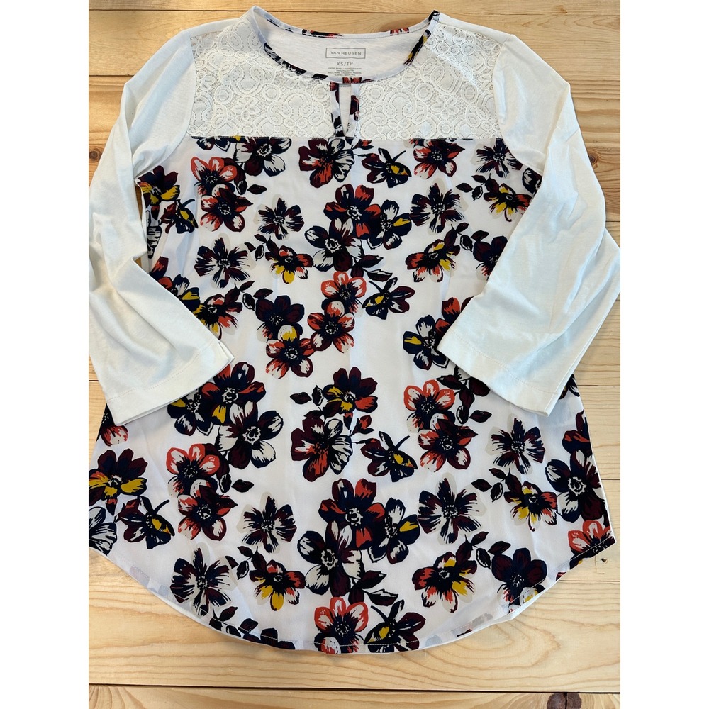 Van Heusen Floral Lace Top Keyhole Blouse Long Sleeve White XS